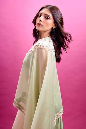 Buy_Anamika Khanna_Green Round , Scoop Placement Embroidered Cape Draped Pant Set _Online_at_Aza_Fashions