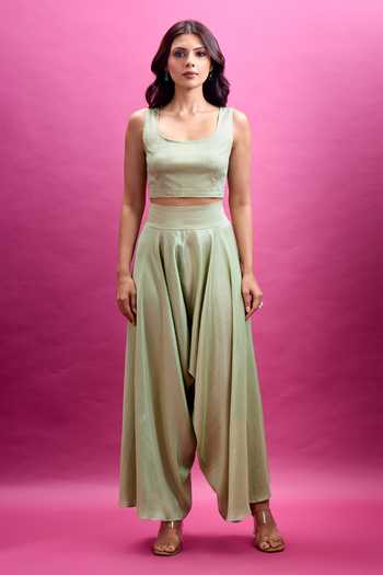 Shop_Anamika Khanna_Green Round , Scoop Placement Embroidered Cape Draped Pant Set _Online_at_Aza_Fashions