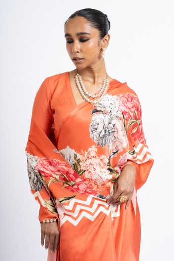 Studio 113 Orange Silk, Satin Rekha Floral Print Saree With Running Blouse Online at Aza Fashions Studio 113_Orange Silk, Satin Rekha Floral Print Saree With Running Blouse _Online_at_Aza_Fashions