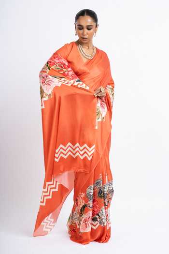 Buy Studio 113 Orange Silk, Satin Rekha Floral Print Saree With Running Blouse Online at Aza Fashions Buy_Studio 113_Orange Silk, Satin Rekha Floral Print Saree With Running Blouse _Online_at_Aza_Fashions