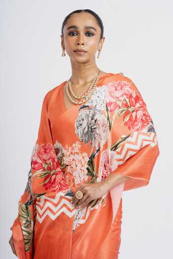 Shop Studio 113 Orange Silk, Satin Rekha Floral Print Saree With Running Blouse Online at Aza Fashions Shop_Studio 113_Orange Silk, Satin Rekha Floral Print Saree With Running Blouse _Online_at_Aza_Fashions