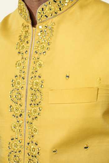 Chatenya Mittal Yellow Cotton, Silk Mirrors, Embroidery Bundi And Kurta Set For Kids Online at Aza Fashions Chatenya Mittal_Yellow Cotton, Silk Mirrors, Embroidery Bundi And Kurta Set For Kids_Online_at_Aza_Fashions