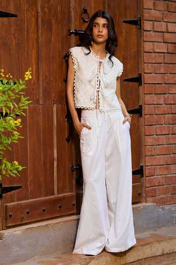 Needleten_Off White Linen, Lace Round Neck Tie-up Front Cropped Jacket _Online_at_Aza_Fashions