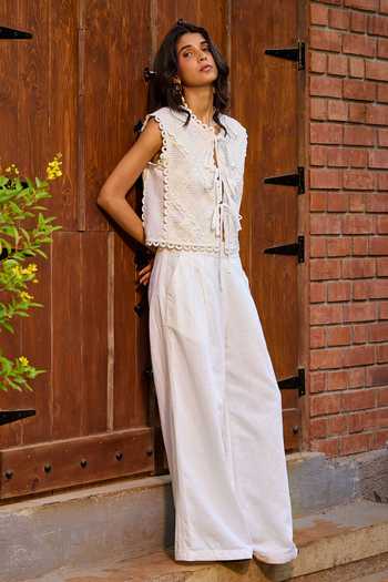 Shop_Needleten_Off White Linen, Lace Round Neck Tie-up Front Cropped Jacket _Online_at_Aza_Fashions