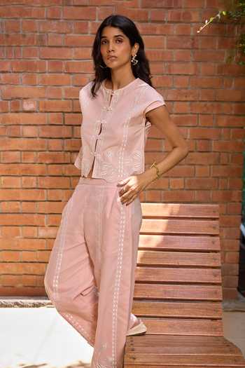 Buy Needleten Pink Cotton Round Neck Embroidered Cropped Jacket Online at Aza Fashions Buy_Needleten_Pink Cotton Round Neck Embroidered Cropped Jacket _Online_at_Aza_Fashions