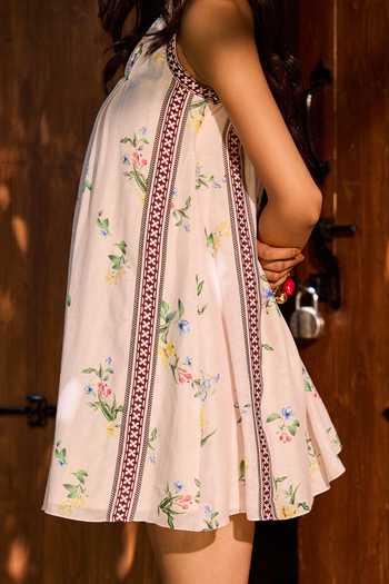Buy Needleten Pink Organza, Linen, Modal Round Neck Floral Print Shift Dress Online at Aza Fashions Buy_Needleten_Pink Organza, Linen, Modal Round Neck Floral Print Shift Dress _Online_at_Aza_Fashions