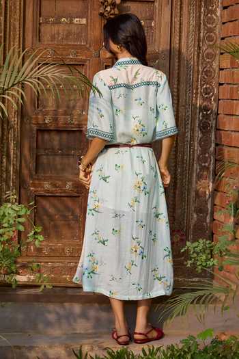 Needleten Floral Organza Linen Midi Dress