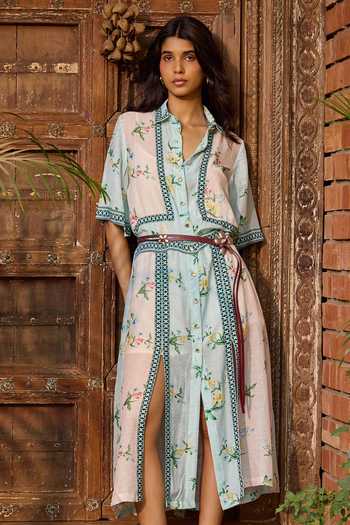 Buy_Needleten_Blue Organza, Linen Collared Neck Floral Midi Dress _Online_at_Aza_Fashions
