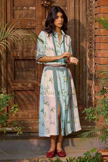 Shop_Needleten_Blue Organza, Linen Collared Neck Floral Midi Dress _Online_at_Aza_Fashions