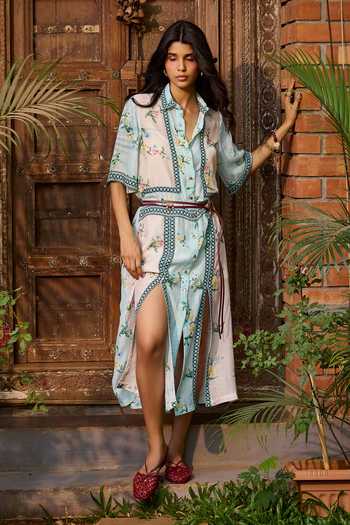 Needleten_Blue Organza, Linen Collared Neck Floral Midi Dress _at_Aza_Fashions