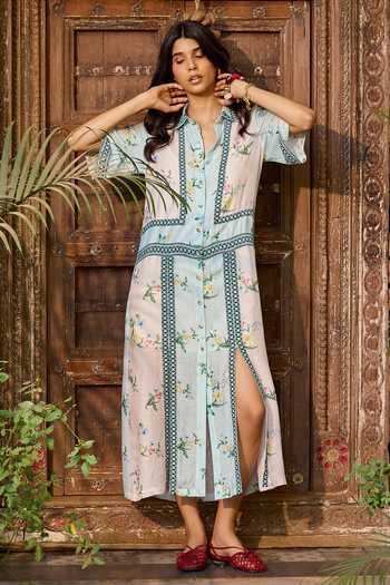 Buy_Needleten_Blue Organza, Linen Collared Neck Floral Midi Dress 