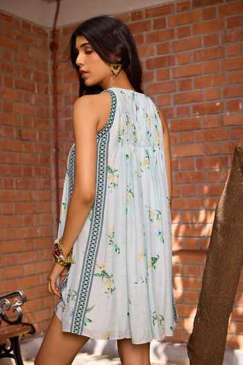 Shop Needleten Blue Organza, Linen, Modal Round Neck Floral Print Shift Dress at Aza Fashions Shop_Needleten_Blue Organza, Linen, Modal Round Neck Floral Print Shift Dress _at_Aza_Fashions