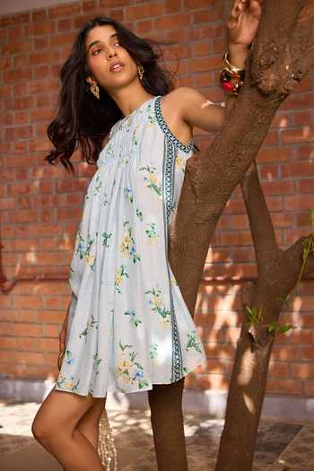 Needleten Blue Organza, Linen, Modal Round Neck Floral Print Shift Dress Online at Aza Fashions Needleten_Blue Organza, Linen, Modal Round Neck Floral Print Shift Dress _Online_at_Aza_Fashions