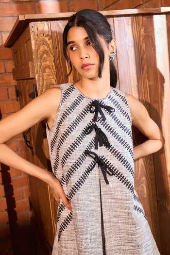 Shop Needleten Grey Cotton Round Neck Textured Pattern Shift Bow Dress Online at Aza Fashions Shop_Needleten_Grey Cotton Round Neck Textured Pattern Shift Bow Dress _Online_at_Aza_Fashions