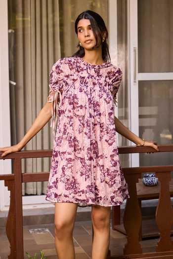 Buy Needleten Pink Cotton, Lace Round Neck Plum Floral Print Dress Online at Aza Fashions Buy_Needleten_Pink Cotton, Lace Round Neck Plum Floral Print Dress _Online_at_Aza_Fashions