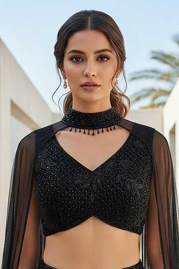 Basanti Kapde aur Koffee Black Viscose Georgette V-neck Draped Skirt And Blouse Set Online at Aza Fashions Basanti Kapde aur Koffee_Black Viscose Georgette V-neck Draped Skirt And Blouse Set _Online_at_Aza_Fashions