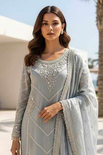 Basanti Kapde aur Koffee_Blue Tissue Round Neck Embroidered Sharara Set _Online_at_Aza_Fashions