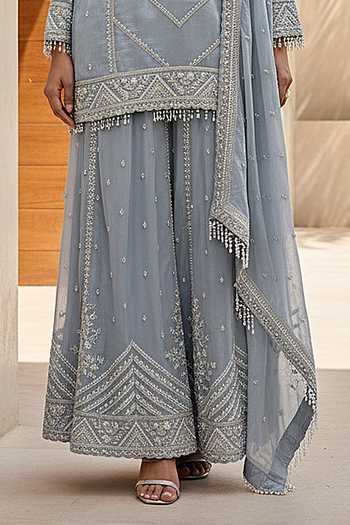 Buy_Basanti Kapde aur Koffee_Blue Tissue Round Neck Embroidered Sharara Set _Online_at_Aza_Fashions