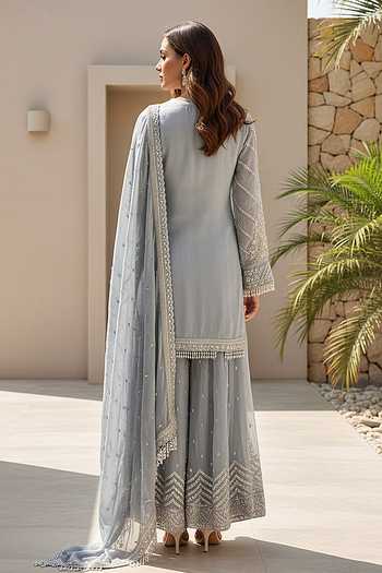 Basanti Kapde aur Koffee Blue Tissue Embroidered Sharara Set 