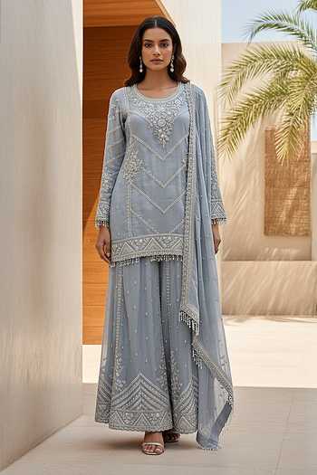 Basanti Kapde aur Koffee Blue Tissue Embroidered Sharara Set 