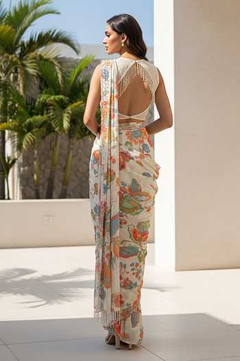 Basanti Kapde aur Koffee Floral Print Pre-Draped Saree Set