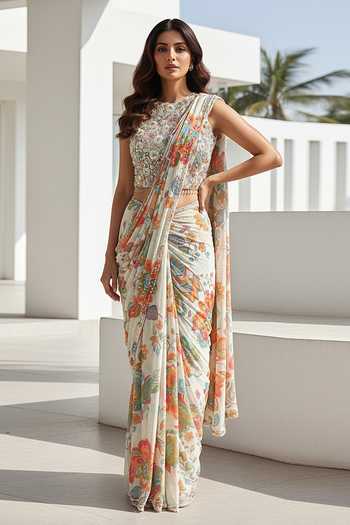 Basanti Kapde aur Koffee Floral Print Pre-Draped Saree Set