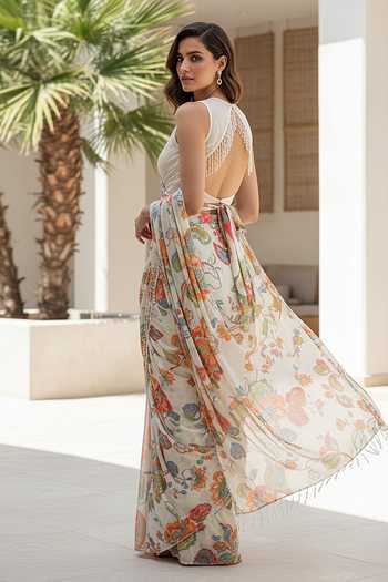 Basanti Kapde aur Koffee Ivory Georgette Round Neck Floral Print Pre-draped Saree Set Online at Aza Fashions Basanti Kapde aur Koffee_Ivory Georgette Round Neck Floral Print Pre-draped Saree Set _Online_at_Aza_Fashions