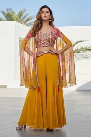 Basanti Kapde aur Koffee Yellow Georgette Square , Open Floral Pattern Cape And Sharara Set Online at Aza Fashions Basanti Kapde aur Koffee_Yellow Georgette Square , Open Floral Pattern Cape And Sharara Set _Online_at_Aza_Fashions