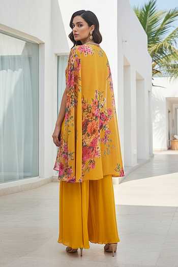 Basanti Kapde aur Koffee Floral Pattern Cape & Sharara Set
