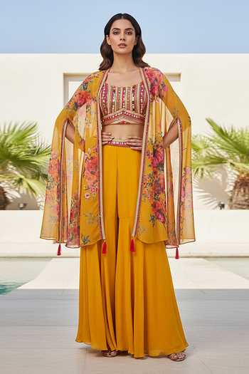 Basanti Kapde aur Koffee Floral Pattern Cape & Sharara Set