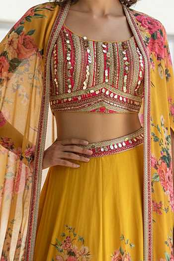 Buy Basanti Kapde aur Koffee Yellow Georgette Square , Open Floral Pattern Cape And Sharara Set Online at Aza Fashions Buy_Basanti Kapde aur Koffee_Yellow Georgette Square , Open Floral Pattern Cape And Sharara Set _Online_at_Aza_Fashions