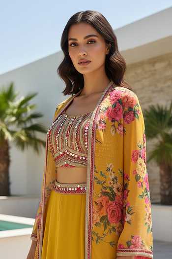Shop Basanti Kapde aur Koffee Yellow Georgette Square , Open Floral Pattern Cape And Sharara Set Online at Aza Fashions Shop_Basanti Kapde aur Koffee_Yellow Georgette Square , Open Floral Pattern Cape And Sharara Set _Online_at_Aza_Fashions