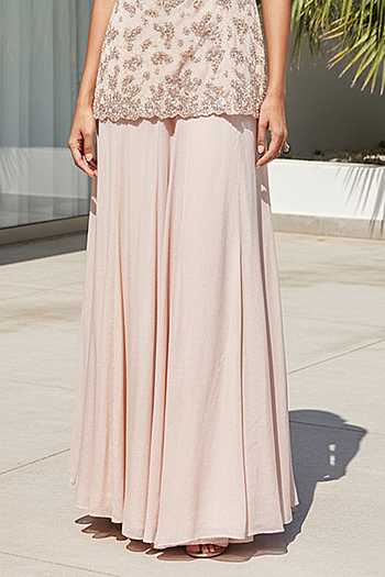 Basanti Kapde aur Koffee_Peach Chinon One Shoulder Net Embroidered Kurta Sharara Set _Online_at_Aza_Fashions