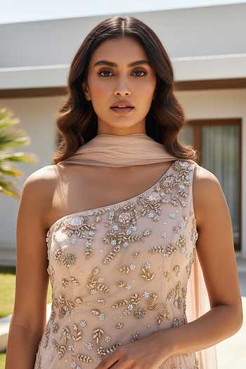Buy_Basanti Kapde aur Koffee_Peach Chinon One Shoulder Net Embroidered Kurta Sharara Set _Online_at_Aza_Fashions