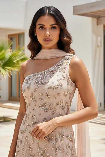 Shop_Basanti Kapde aur Koffee_Peach Chinon One Shoulder Net Embroidered Kurta Sharara Set _Online_at_Aza_Fashions