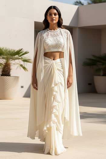 Basanti Kapde aur Koffee_Ivory Georgette V-, Shawl Embroidered Cape Set _Online_at_Aza_Fashions