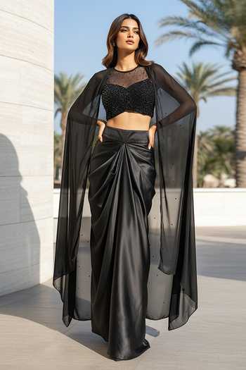 Basanti Kapde aur Koffee Black Satin Embroidered Cape Set 