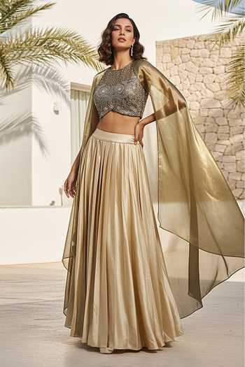 Buy_Basanti Kapde aur Koffee_Gold Satin High Neck Lumiere Sheer Cape And Skirt Set _Online_at_Aza_Fashions