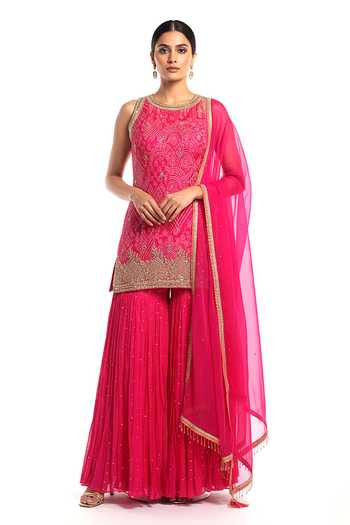 Basanti Kapde aur Koffee_Pink Georgette, Crepe Round Neck Rose Radiance Embroidered Sharara Set _Online_at_Aza_Fashions