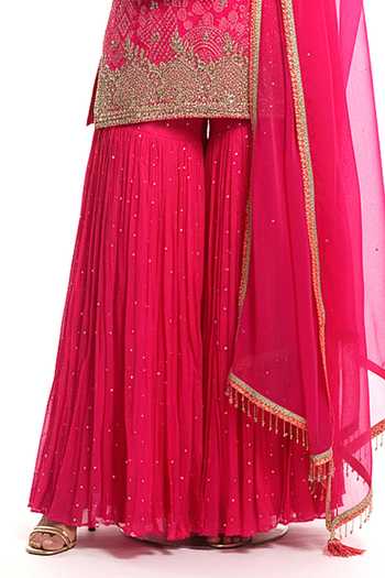 Buy_Basanti Kapde aur Koffee_Pink Georgette, Crepe Round Neck Rose Radiance Embroidered Sharara Set _Online_at_Aza_Fashions
