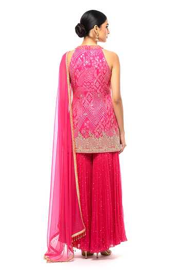 Shop_Basanti Kapde aur Koffee_Pink Georgette, Crepe Round Neck Rose Radiance Embroidered Sharara Set _Online_at_Aza_Fashions