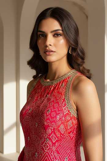 Basanti Kapde aur Koffee_Pink Georgette, Crepe Round Neck Rose Radiance Embroidered Sharara Set _at_Aza_Fashions
