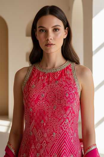 Buy_Basanti Kapde aur Koffee_Pink Georgette, Crepe Round Neck Rose Radiance Embroidered Sharara Set 