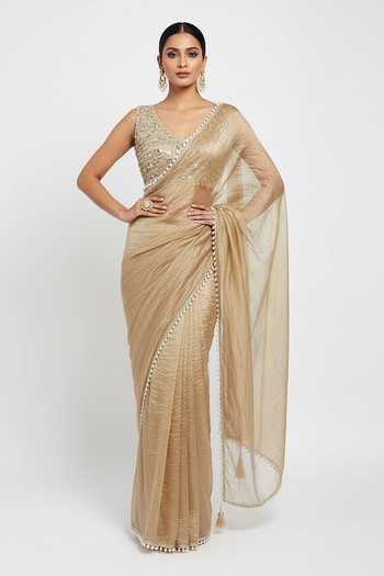 Basanti Kapde aur Koffee Opaline Aura Embroidered Saree Set 