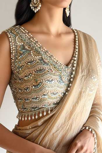 Buy Basanti Kapde aur Koffee Beige Organza, Tissue V-neck Opaline Aura Embroidered Saree Set Online at Aza Fashions Buy_Basanti Kapde aur Koffee_Beige Organza, Tissue V-neck Opaline Aura Embroidered Saree Set _Online_at_Aza_Fashions