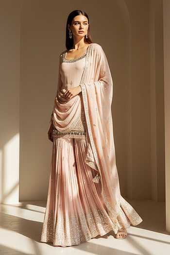 Basanti Kapde aur Koffee_Pink Georgette Scoop Neck Blush Dawn Embroidered Sharara Set _Online_at_Aza_Fashions