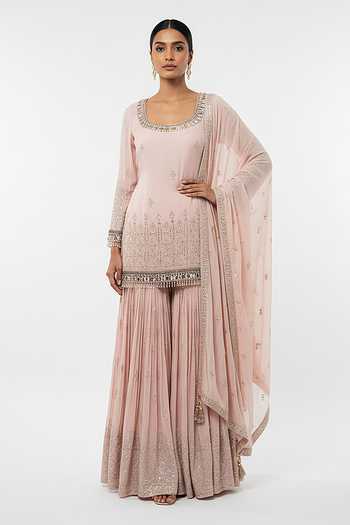 Buy_Basanti Kapde aur Koffee_Pink Georgette Scoop Neck Blush Dawn Embroidered Sharara Set _Online_at_Aza_Fashions