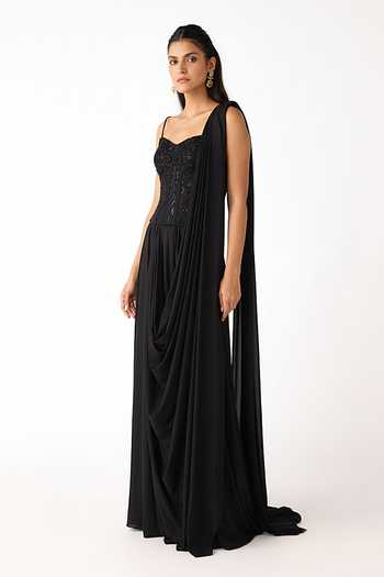 Buy Basanti Kapde aur Koffee Black Net, Lycra Sweetheart Sequin Embellished Blouse And Pre-draped Saree Set Online at Aza Fashions Buy_Basanti Kapde aur Koffee_Black Net, Lycra Sweetheart Sequin Embellished Blouse And Pre-draped Saree Set _Online_at_Aza_Fashions