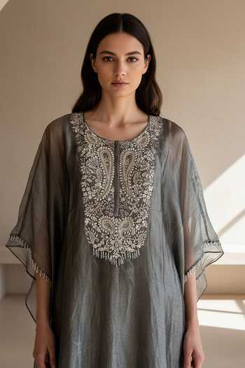 Basanti Kapde aur Koffee Grey Tissue Scoop Neck, Yes Embroidered Kurta And Palazzo Set Online at Aza Fashions Basanti Kapde aur Koffee_Grey Tissue Scoop Neck, Yes Embroidered Kurta And Palazzo Set _Online_at_Aza_Fashions