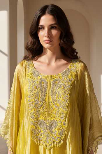 Basanti Kapde aur Koffee Yellow Tissue Round Neck, Yes Resham Work Kurta And Palazzo Set Online at Aza Fashions Basanti Kapde aur Koffee_Yellow Tissue Round Neck, Yes Resham Work Kurta And Palazzo Set _Online_at_Aza_Fashions